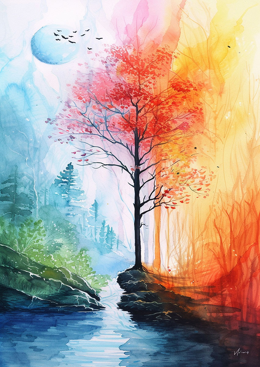 Dramatic artwork of a tree with fiery red flowers beside a calm river, surrounded by lush greenery.